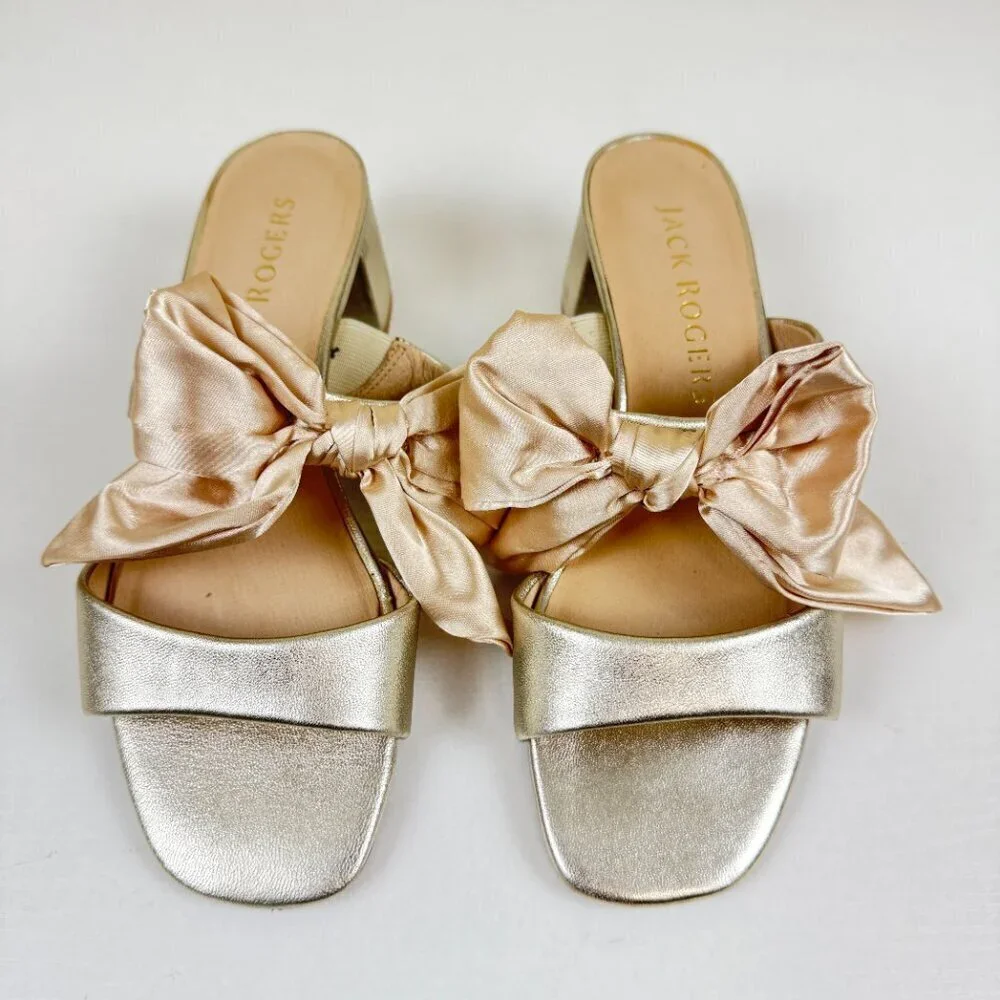 Like New Jack Rogers Heidi Mid Dress Heels Bow Strappy Gold Conquette